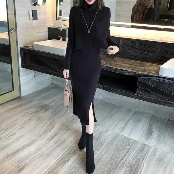 New Autumn Winter Women TURTLENECK Bottoming sweater Tops A-Line dress Knit 2 Piece Set Ladies Gothic Knitted Suit WF989