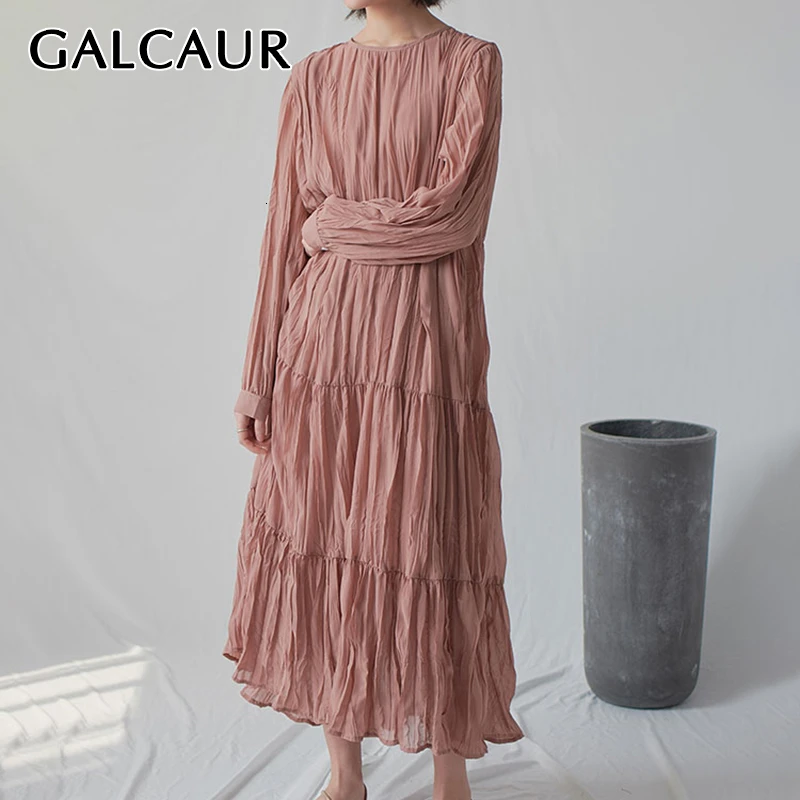 

GALCAUR Vintage Ruched Dress Women O Neck Lantern Sleeve High Waist Elegant Female Dresses Fashion Autumn 2019 New Clothes