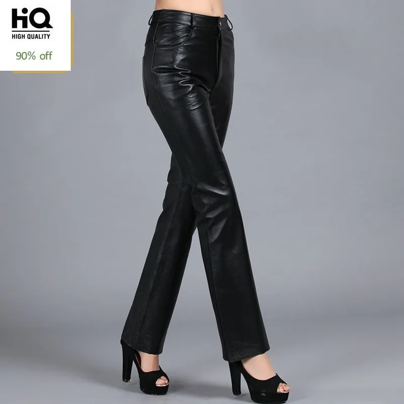 

2020 New Elegant Women Slim Fit Genuine Leather Pants Plus Size Office Ladies High Waist Wide Leg Flare Pants Female Trousers