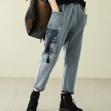 Женские джинсы, зимние джинсы, новые штаны-шаровары с вышивкой, с карманами, с эластичной резинкой на талии, теплые женские брюки YoYiKamomo