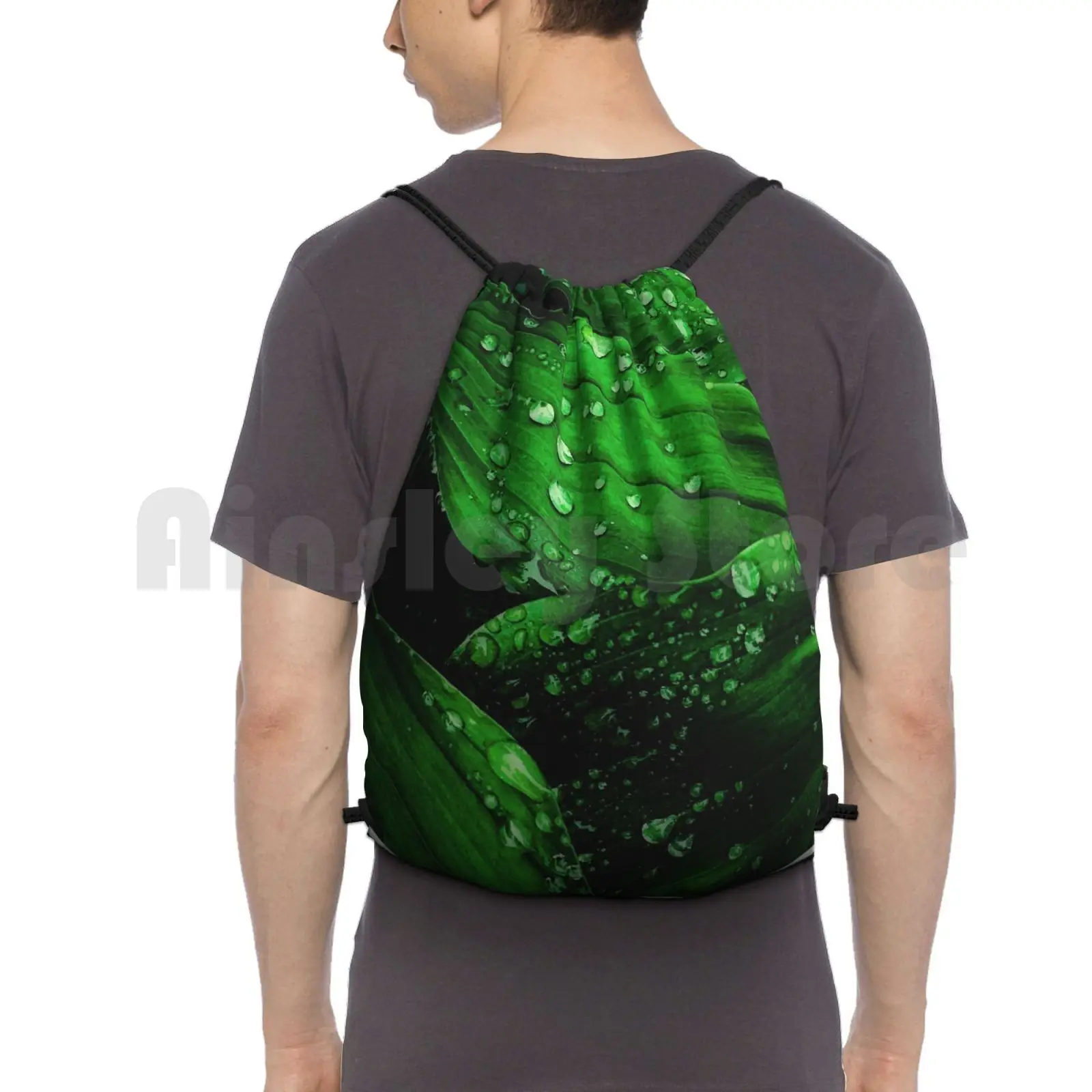 Green Leaves Backpack Drawstring Bags Gym Bag Waterproof Leaf Rain Raindrop Drops In | Багаж и сумки