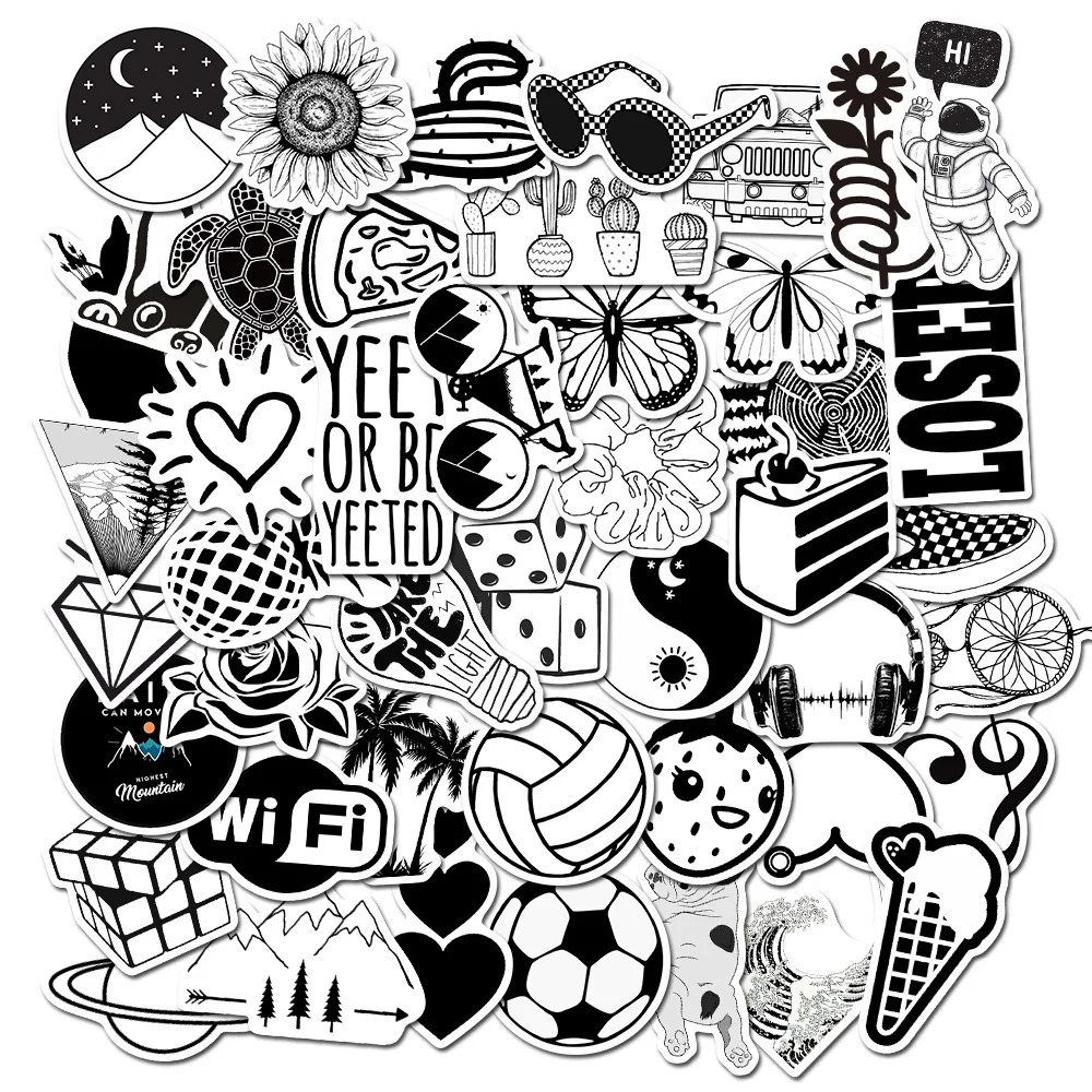 

50 PCS Black and White Cartoon Graffiti JDM Stickers DIY Guitar Motorcycle Laptop Luggage Skateboard Car Snowboard Sticker