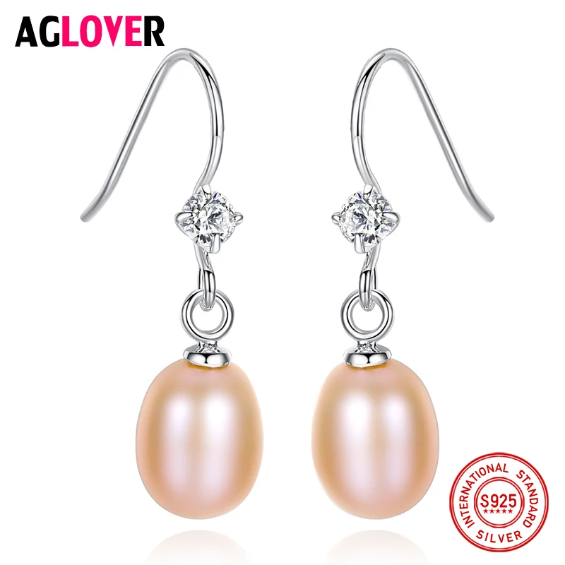 

AGLOVER New Earrings Natural Freshwater Pearl Authentic 925 Silver Zircon Pearl Earrings For Women Jewelry Christmas Gift