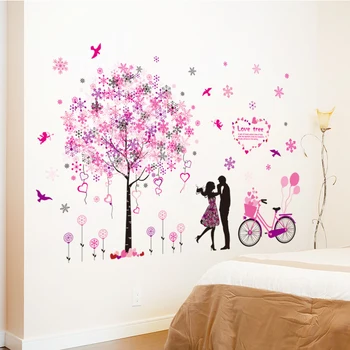 

[shijuekongjian] Cartoon Couples Wall Stickers DIY Tree Bike Wall Decals for Living Room Bedroom House Decoration