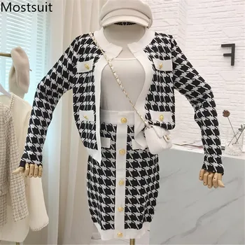 

Vintage Houndstooth 2 Piece Skirt Suits Sets Women Gold Buttons Cardigan Tops +elastic Waist Mini Skirt Suits Outfits Ladies Set
