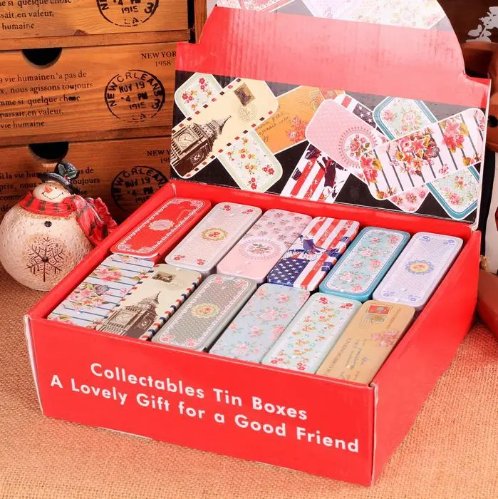 

48pc/box Mini Tin Box Rectangle Small Metal Coin Saver Jewerly Case Flower Painting Pill case Candy Can 12design