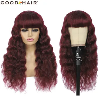 

Brazilian Deep wave Human Hair Wigs With Bangs 99J Hair Red Burgundy Wig For Black Women Full Machine Made Wigs