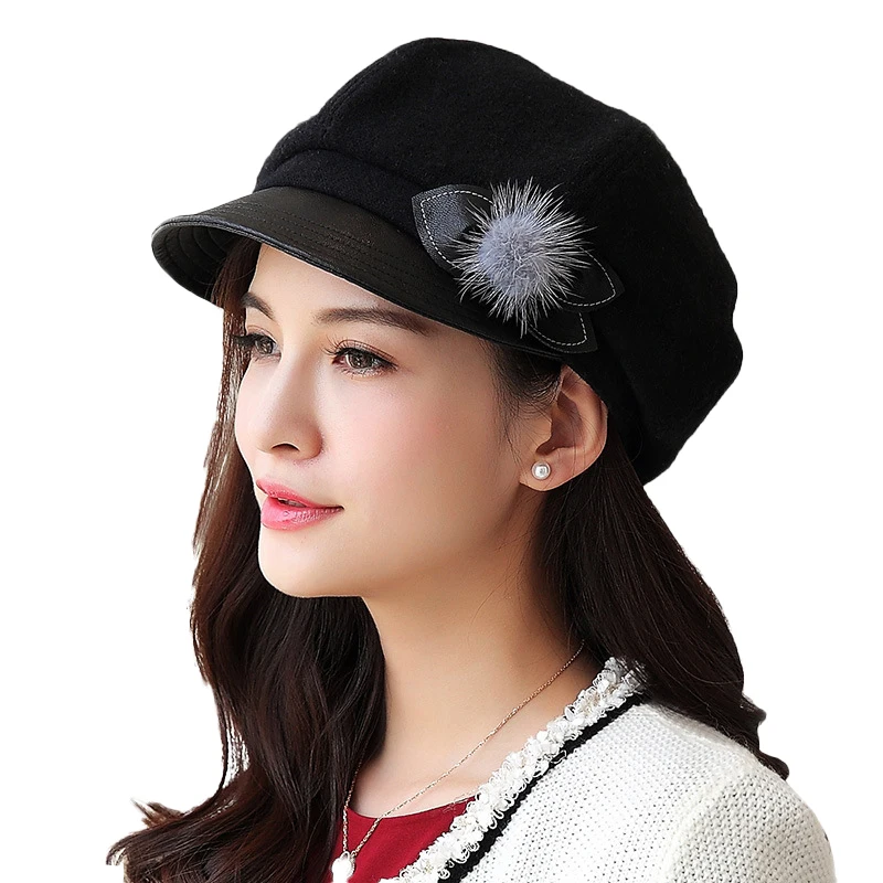 Black beret FS Осенняя шерстяная восьмиугольная кепка, шапки, сохраняющие тепло, Зимняя кепка, Элегантная Дамская котелок, серая винтажная официальная шерстяная фетровая шляпа, шапки - Цвет: Black beret