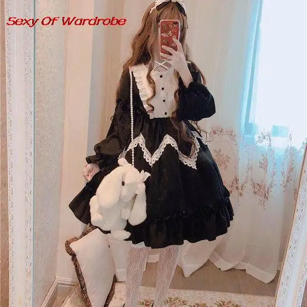 Japanese Sweet Kawaii Cute Lolita Women Fashion High Street Long Sleeves Fairy Dress Korea Harajuku Lace Flouncing Dress Lolita Dress,Lolita Suspender Dress,Lolita Cosplay Costumes,Suspender Dress