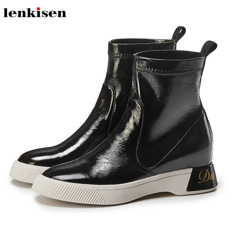 

Lenkisen hot black colors height lncreasing boots stretch leather round toe med heels thick bottom winter women ankle boots L35