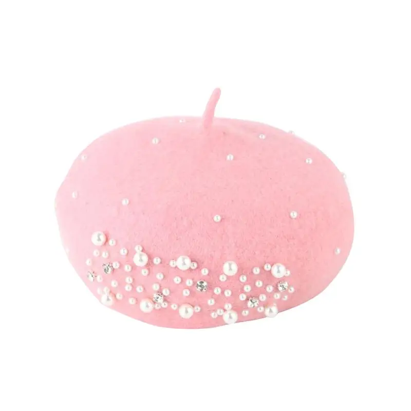 Light Pink Over 9Y Женская шерстяная шапка-берет с жемчугом, одноцветная винтажная модная Шапка-бини для девочек, теплая зимняя шапка для детей 2-8 лет и старше 9 лет - Цвет: Light Pink Over 9Y