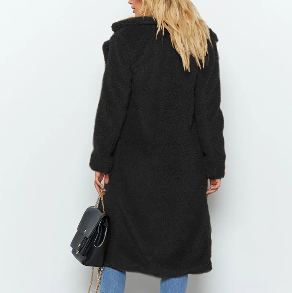 Осенне-зимняя женская куртка, теплое длинное пальто из искусственного меха для женщин размера плюс, однотонная верхняя одежда с отложным воротником, женская верхняя одежда, куртки#917