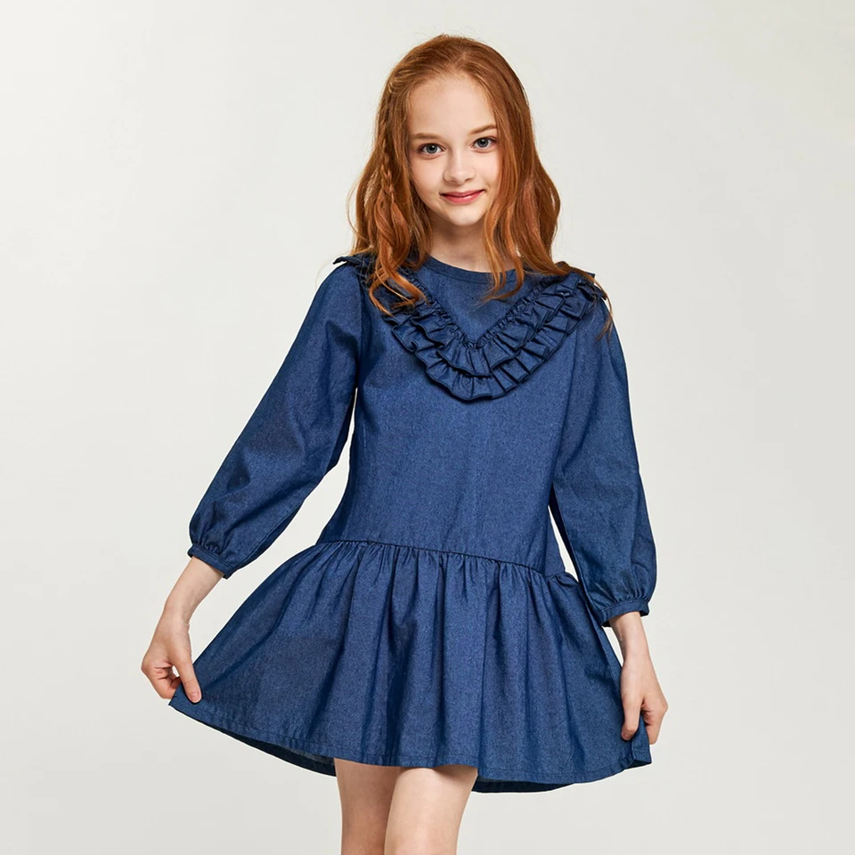 CupofSweet/От 5 до 14 лет платья для девочек с короткими рукавами и оборками, с круглым вырезом детская одежда с длинными рукавами детское платье для девочек Джинсовая детская одежда