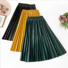Плиссированная юбка из искусственной кожи с высокой талией Женская осенне-зимняя элегантная юбка средней длины юбки женская желтая Зеленая кожаная юбка qh2012