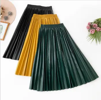 

High Waist Pleated Pu Faux Leather Skirt Women Autumn Winter Elegant Midi Long Skirts Female Yellow Green Leather Skirt qh2012