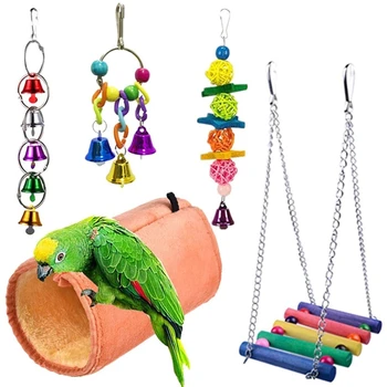 

5Pcs Pet Bird Toys Set Colorful Hanging Bells Soft Plush Tunnel Wood Swing for Parakeet Cockatiel Parrot