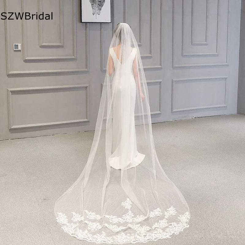 Free shipping Long Bridal Veil with Comb Lace Appliqued Edge Tulle Bride Veil One Layer Wedding Accessories 2024 Wedding veils