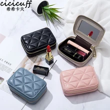 

Genuine Leather Ladies Lipstick Bag EDC Earphone Organizer Coin Wallet Excellent Leather Mini Makeup Case Mirror Lipstick Pocket