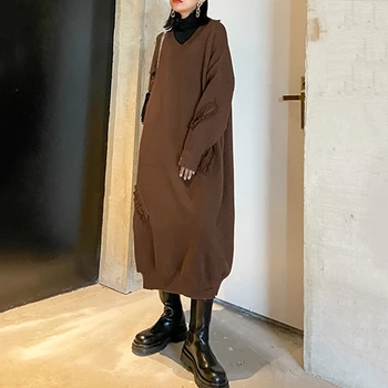 

SeeBeautiful Large Size Knitted Dress V-neck Long Sleeve Patchwork Simple Dresses New Fashion 2020 Autumn Winter Women M032