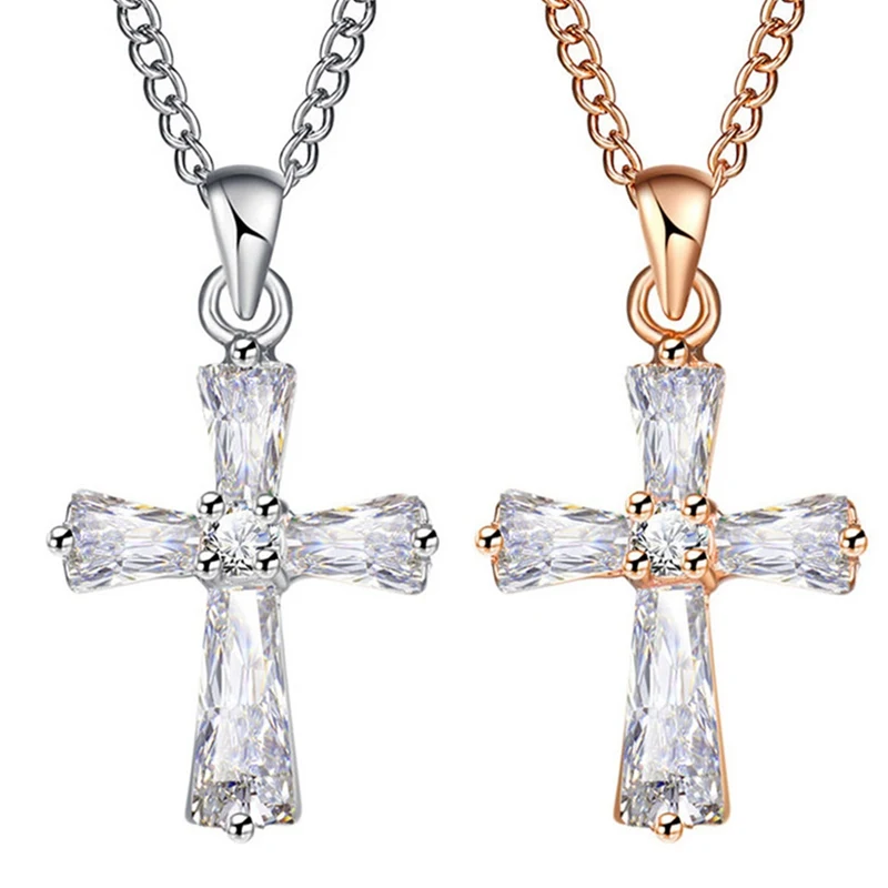 Fashion Rose Gold Color Cross Pendant Necklaces For Woman Crystal Cubic Zirconia Long Necklace Jewelry Wholesale | Украшения и