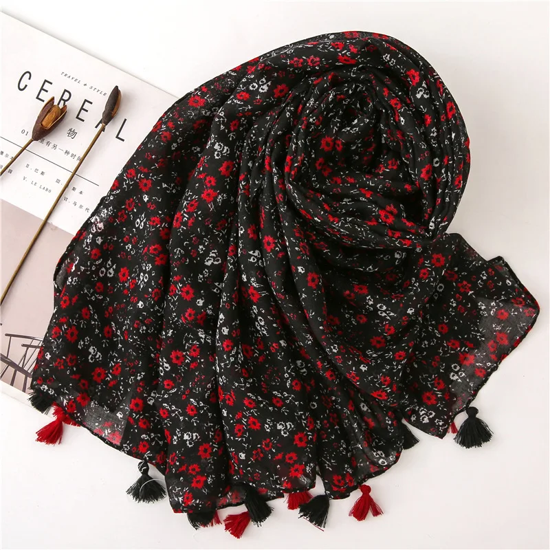 Marte& Joven модный красный Мини цветок черный женский шарф с кисточками элегантный осенне-весенний Вуаль Шарфы Большой размер ткань Пашмина Шаль