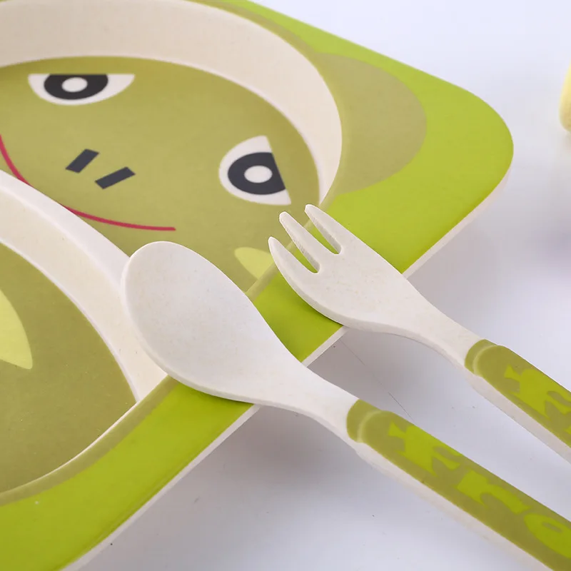 Baby Tableware Lovely Cartoon Children Feeding Dishes Kids Dish Bamboo Fiber Dinnerware Set With Bowl Fork Cup Spoon Plate 5Pcs
