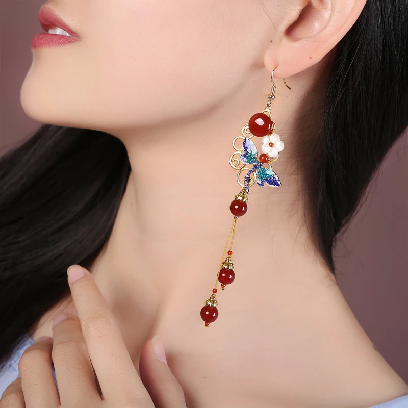 Chinese palace style vintage 925 silver pin Cloisonne red stone tassel earrings for full dress cheongsam Martial arts decoration