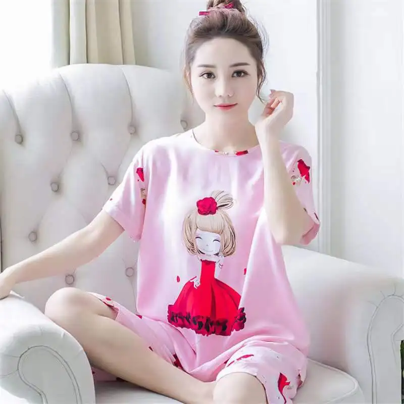 

Sweet Cute Camellia Girl Pajamas WOMEN'S Short Sleeved Shorts Summer Women's Tracksuit Summer Thin Large Size Set