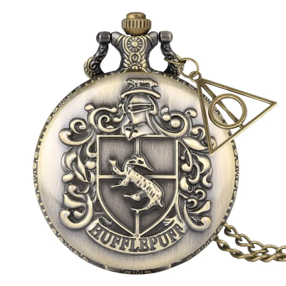 Hufflepuff Ретро Бронзовый Хогвартс Школа H кварцевые карманные часы Аналоговые цепочки и ожерелья подвеска цепь для женщин мужские relogio Montres с подарочными аксессуарами - Цвет: Hufflepuff