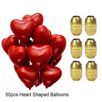 

50Pcs 10inch Heart Shape Latex Red Balloon with 6pcs Gold Ribbon for Valentine Day Wedding Party Supply Home Decor