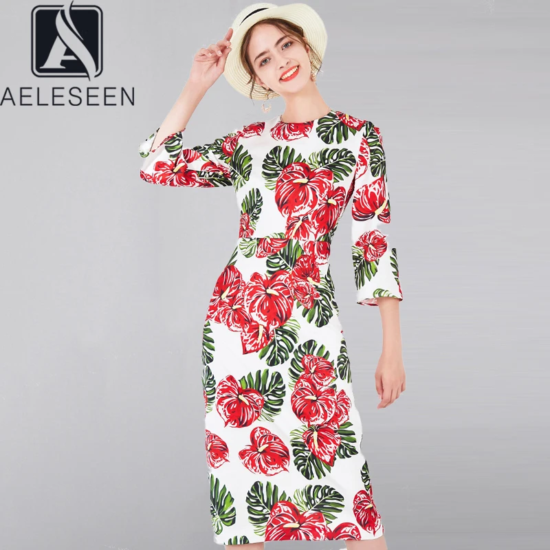 AELESEEN, весеннее, летнее, офисное платье, женское, половина рукава, модное, новое, красное, с цветочным принтом, облегающее, облегающее, миди, элегантное платье, Vestidos