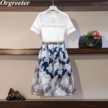 

Summer New Casual Sets Hollow out Patchwork Beaded White Top + Retro ink printing Skirts 2 Piece Set Women