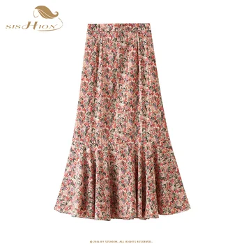 

SISHION Red Floral Skirt Ruffle Midi Long Skirt SP1119 A-line Skirt 2020 Summer New Women Chiffon Skirt