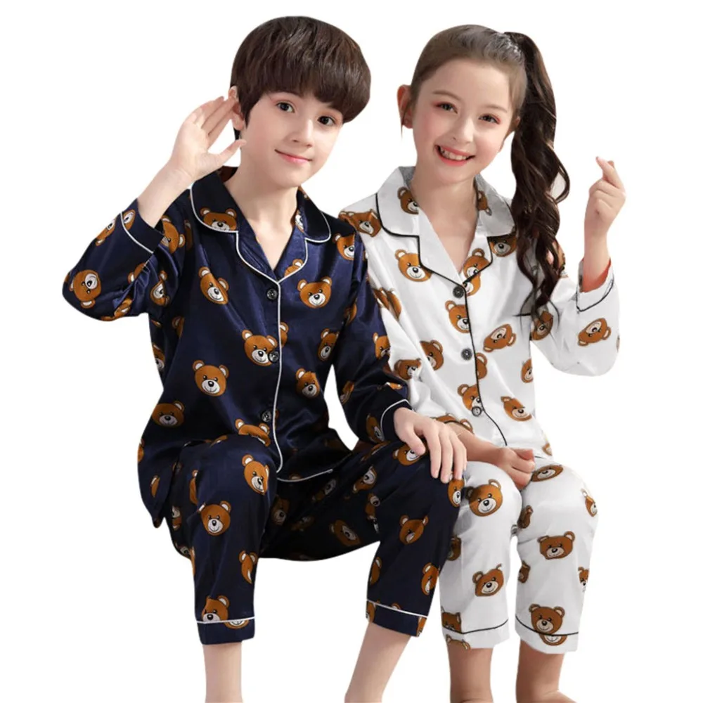 Unisex boy long sleeve cartoon bear shirt girls trousers pajamas set customized wholesale clothing термобелье для мальчика 40A1 (3)