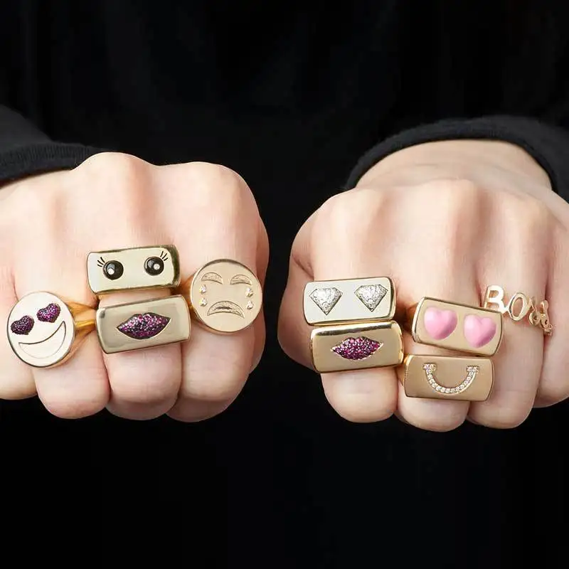 Лучшая дружба, рождественский подарок, Дамское Кристальное сердце, губы, крик, улыбка, кольцо для лица для женщин, уличный стиль, Золотое кольцо "выражение лица"