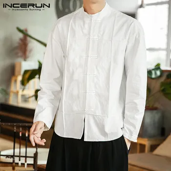 

INCERUN Chinese Style Cotton Shirt Men Stand Collar Solid Retro Blouse Brand Casual Streetwear Button Up Long Sleeve Shirts Men