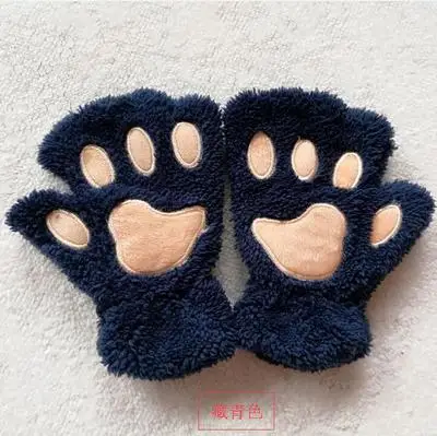 Зимние перчатки из бархата и бархата для женщин с милым рисунком медведя, без пальцев, с кошачьими когтями, утепленные плюшевые теплые женские перчатки - Цвет: Тёмно-синий