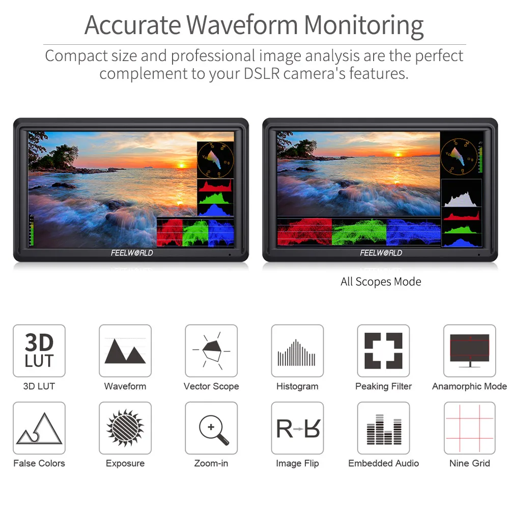 6 Inch DSLR Camera Monitor FEELWORLD FW568 V3 with Waveform LUTs Small Full HD 1920x1080 IPS 4K HDMI Type-C DC Output Tilt Arm portable monitor,dslr field monitor