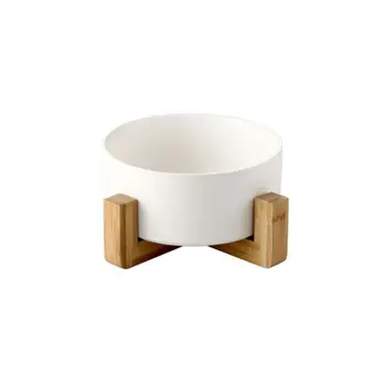 

Dog Cat Bowl Ceramic Pet Bowl with Non-Slip Wood Stand Water Bowl Dish for Cats