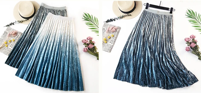 SURMIITRO Warm Velvet Midi Skirt Women Autumn Winter Korean Pink Gradient Ladies High Waist Pleated Long Skirt Female