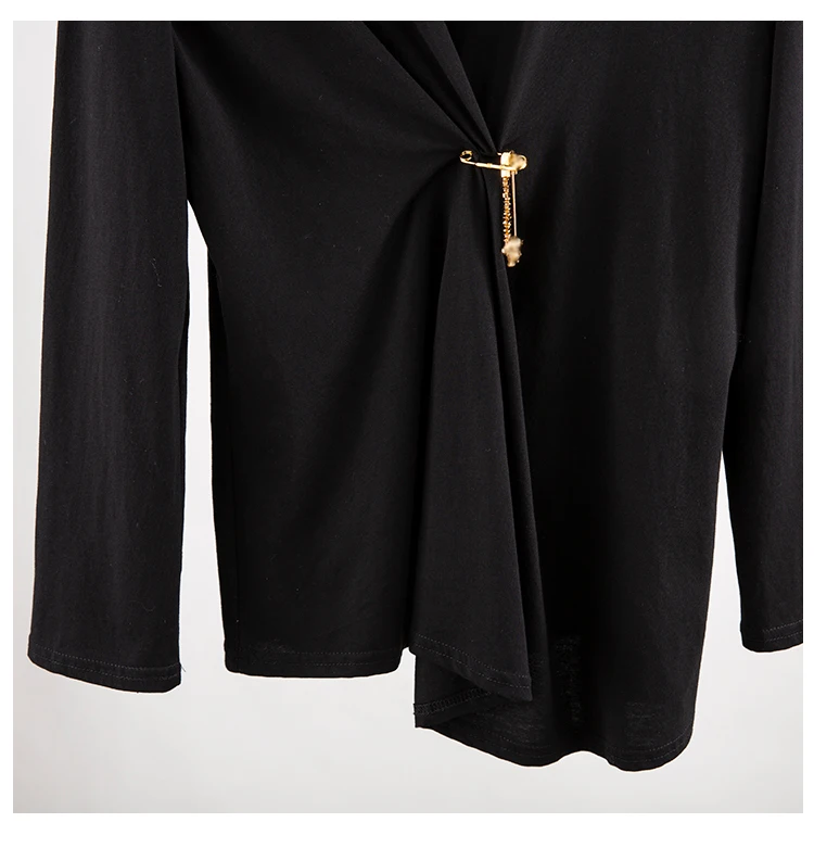 autumn new metal pin decoration fold round neck long sleeve irregular T-shirt female slim fashion
