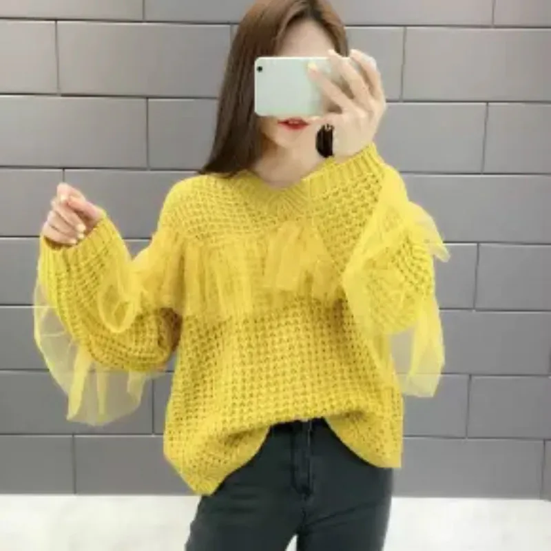 yellow pullover Woherb/черный женский свитер с v-образным вырезом и длинными рукавами в стиле пэчворк и кружевом Женские однотонные свободные пуловеры Джемперы корейская мода 90892 - Цвет: yellow pullover