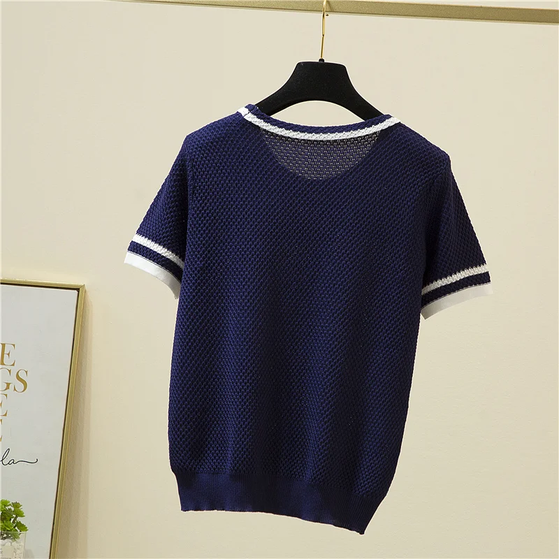 Korean Fashion Bow Patchwork Short Sleeve T-Shirt Women Elegant Summer Knitted Tees Office O-Neck Thin Woman Tshirt Tops Female