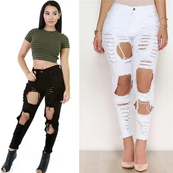 

Women Skinny Jeans Denim Hollow-Out Holes Destroyed Pencil Pants High Waist Casual Jean Trousers Black White Stretchy Plus Size