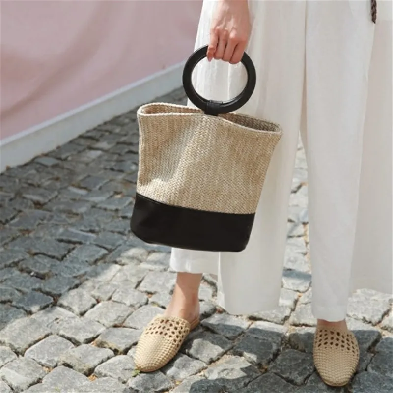 

Casual Round Ring Handle Women Handbags Rattan Large Capacity Totes Wicker Woven Female Straw Bags Summer Beach Lady Purses 2019