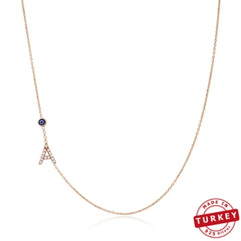 

Sideway Initial Letter A To Z Design With Evil Eye Bead Turkish Handmade 925 Sterling Silver Necklace
