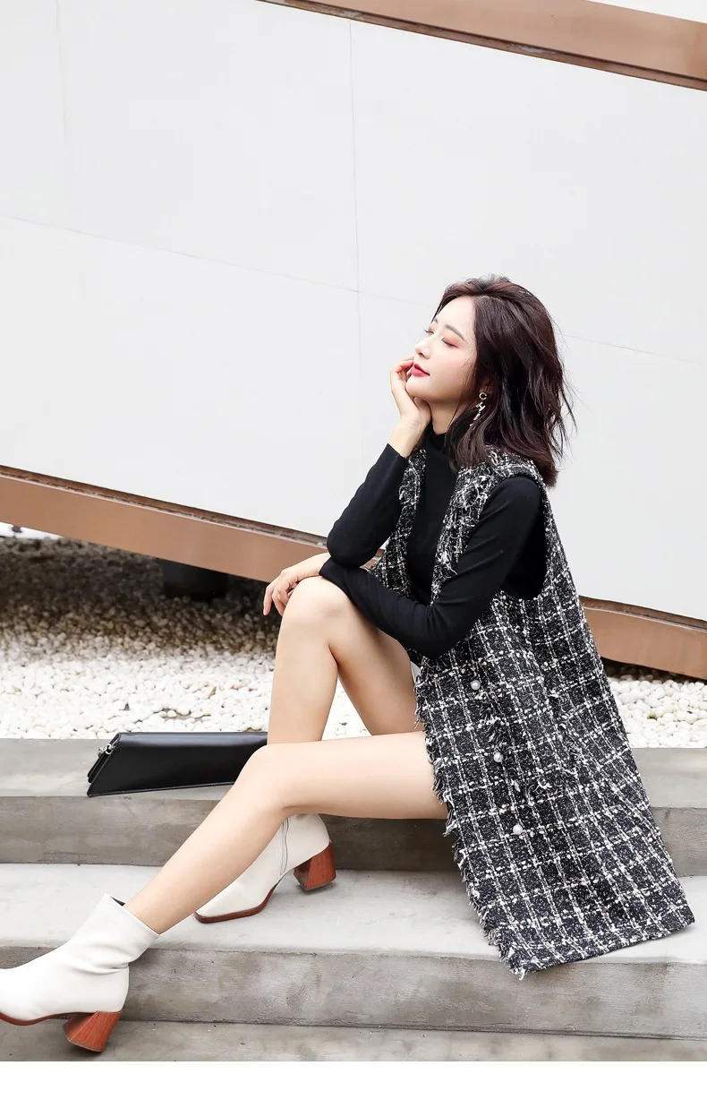 Graceful Tweed Casual Vest Women's Loose-Fit Korean-style Autumn And Winter Vest Retro Vest Waistcoat Coat Mid-length