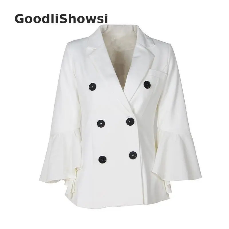 Белый GoodliShowsi Модные женские белые блейзеры Топ сплошной цвет зубчатый лацканы с расклешенными рукавами оборками двубортный костюм куртки OL - Цвет: Белый