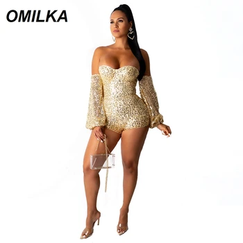 

OMILKA Strapless Glitter Sequin Playsuits 2019 Autumn Women Long Lantern Sleeve Slash Neck Club Party Shiny Short Rompers
