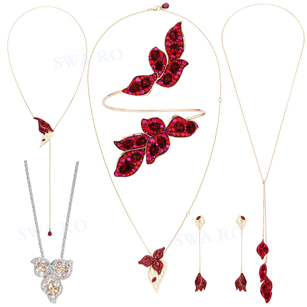 

SWA RO 2019 New GRACEFUL BLOOM Huachen Yuexi Set Red Camellia Petal Modeling Crystal Female Wedding Fashion Romantic Jewelry
